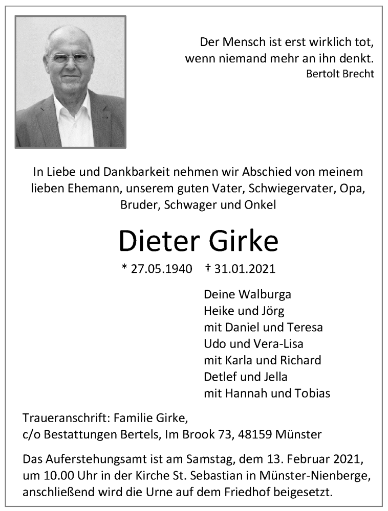  Traueranzeige für Dieter Girke vom 06.02.2021 aus 