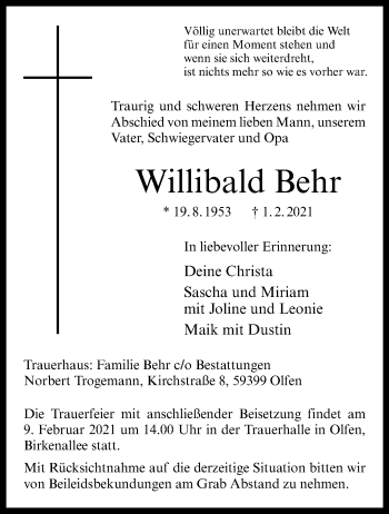 Anzeige von Willibald Behr 