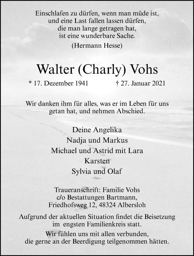  Traueranzeige für Walter Vohs vom 06.02.2021 aus 