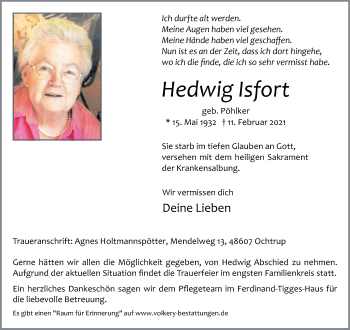 Anzeige von Hedwig Isfort 