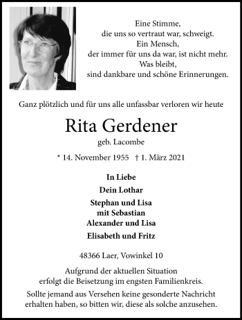 Anzeige von Rita Gerdener 