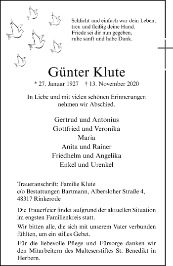 Anzeige von Günter Klute von Westfälische Nachrichten