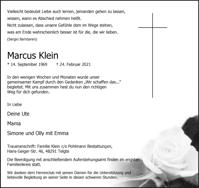  Traueranzeige für Marcus Klein vom 06.03.2021 aus 