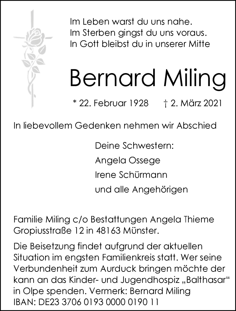  Traueranzeige für Bernard Miling vom 06.03.2021 aus 