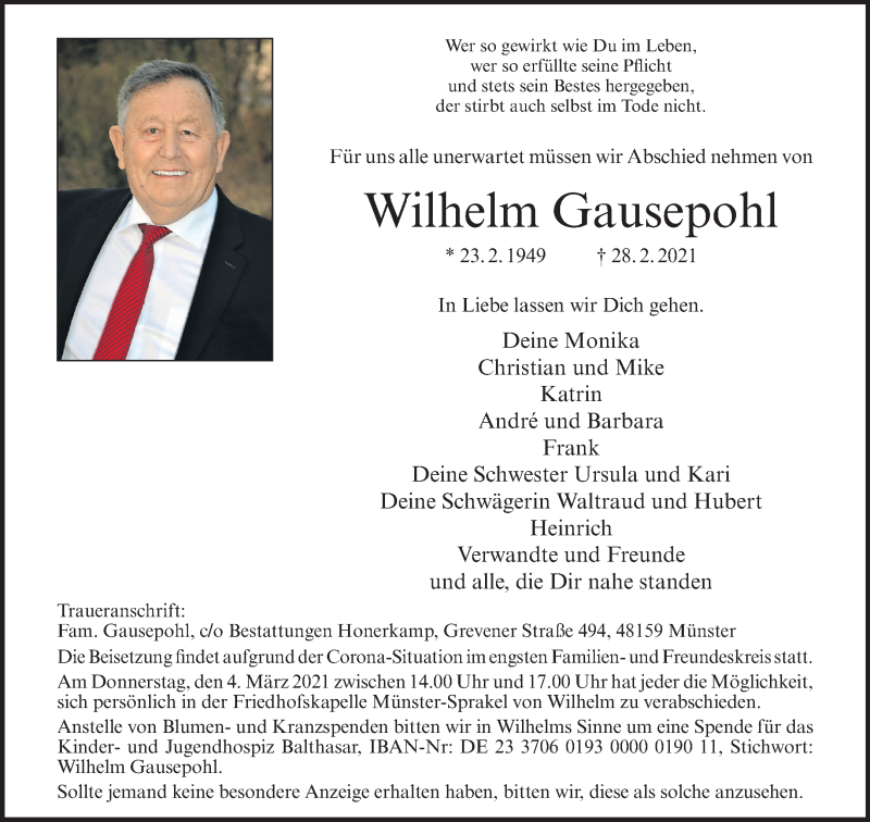  Traueranzeige für Wilhelm Gausepohl vom 03.03.2021 aus 