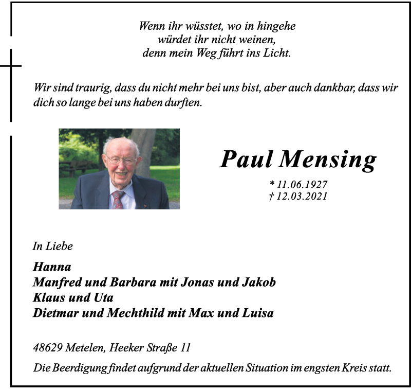  Traueranzeige für Paul Mensing vom 16.03.2021 aus 