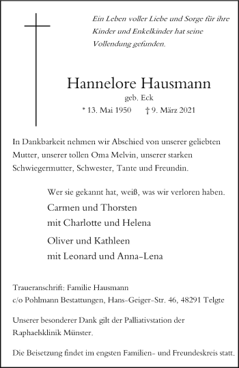Anzeige von Hannelore Hausmann 