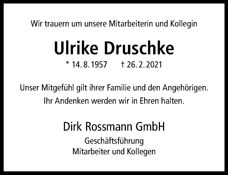  Traueranzeige für Ulrike Druschke vom 08.03.2021 aus 