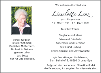 Anzeige von Lieselotte Lenz 