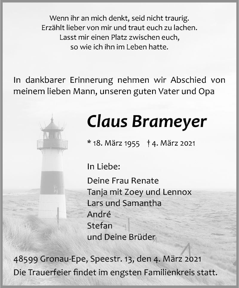  Traueranzeige für Claus Brameyer vom 06.03.2021 aus 