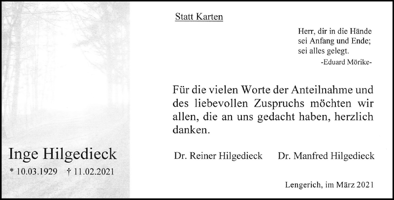  Traueranzeige für Inge Hilgedieck vom 10.03.2021 aus 