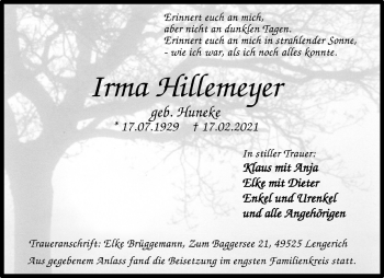 Anzeige von Irma Hillemeyer 
