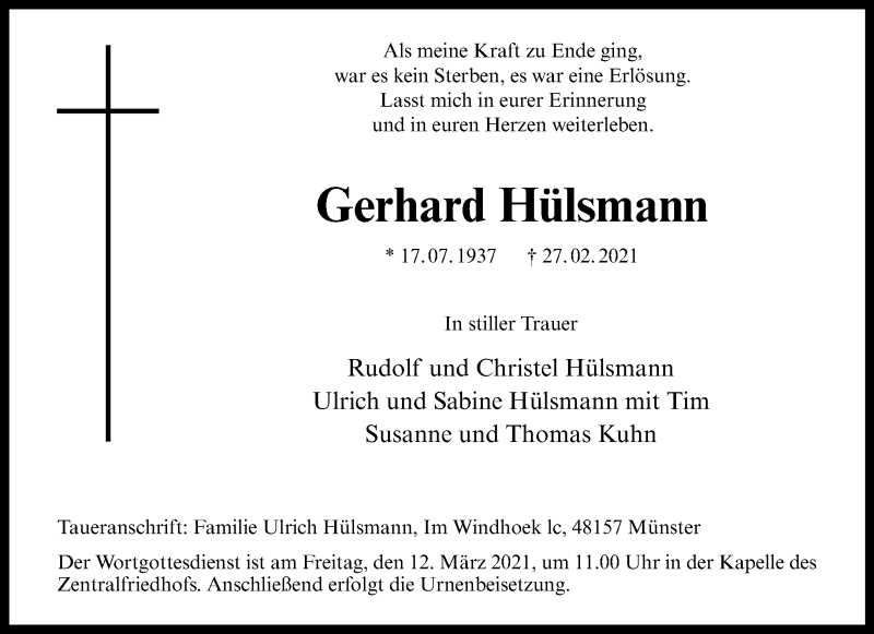  Traueranzeige für Gerhard Hülsmann vom 06.03.2021 aus 