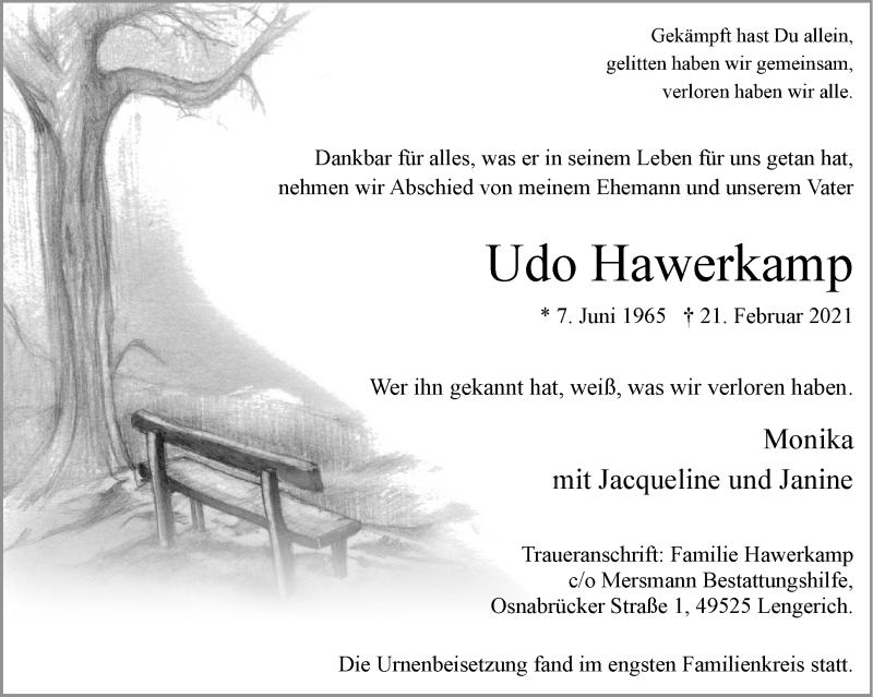  Traueranzeige für Udo Hawerkamp vom 13.03.2021 aus 