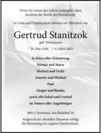 Anzeige von Gertrud Stanitzok 