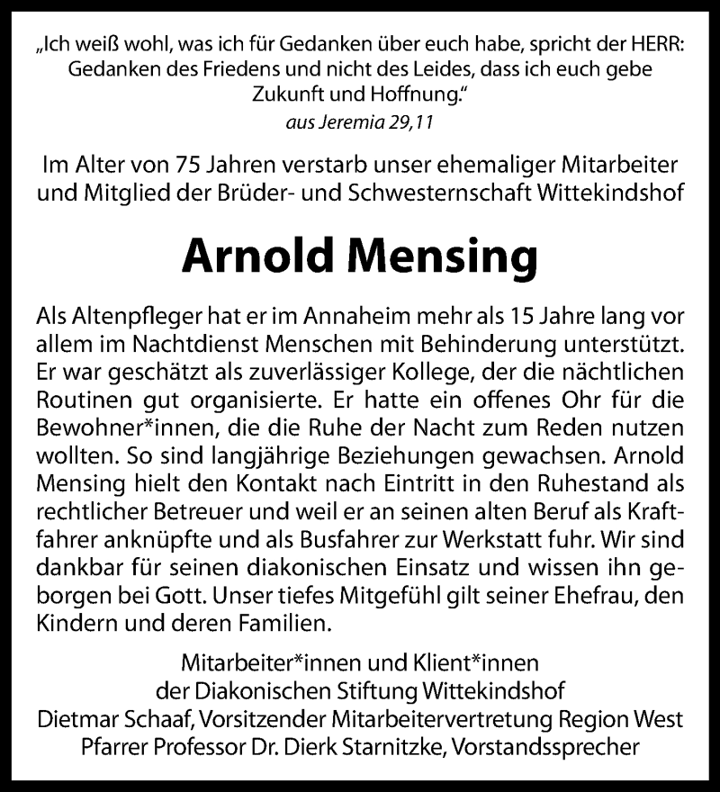  Traueranzeige für Arnold Mensing vom 10.03.2021 aus 