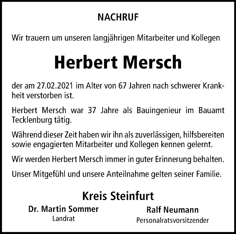  Traueranzeige für Herbert Mersch vom 06.03.2021 aus 