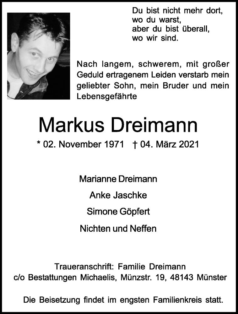  Traueranzeige für Markus Dreimann vom 06.03.2021 aus 