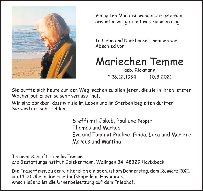  Traueranzeige für Mariechen Temme vom 15.03.2021 aus 