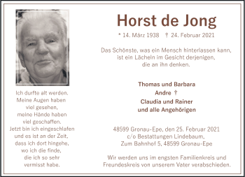 Anzeige von Horst de Jong 