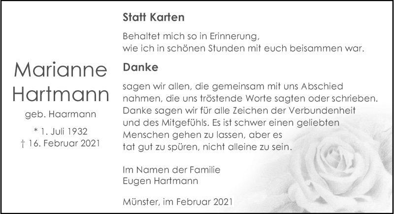  Traueranzeige für Marianne Hartmann vom 06.03.2021 aus 