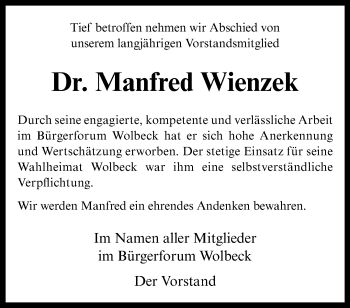 Anzeige von Manfred Wienzek 