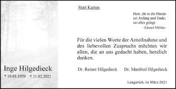 Anzeige von Inge Hilgedieck 