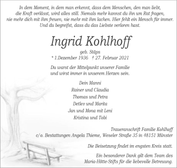 Anzeige von Ingrid Kohlhoff 