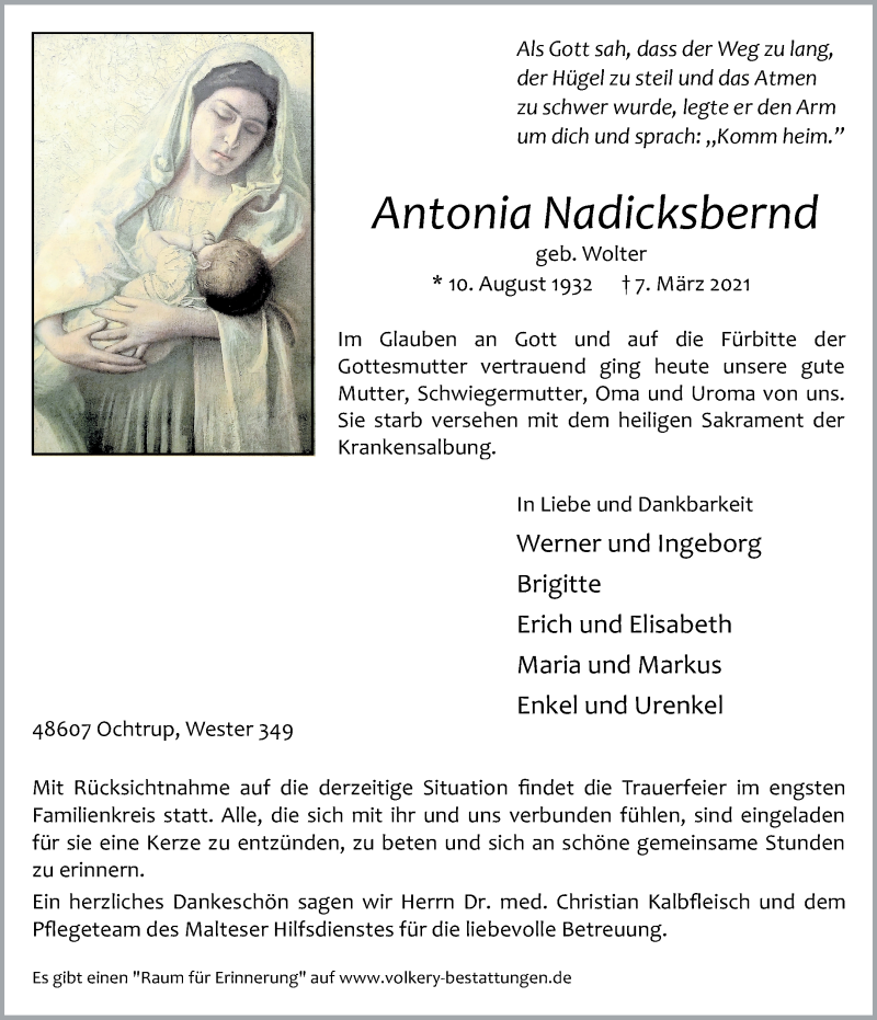  Traueranzeige für Antonia Nadicksbernd vom 09.03.2021 aus 