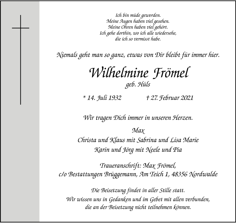  Traueranzeige für Wilhelmine Frömel vom 02.03.2021 aus 