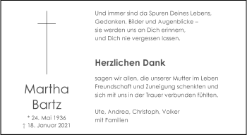 Anzeige von Martha Bartz 