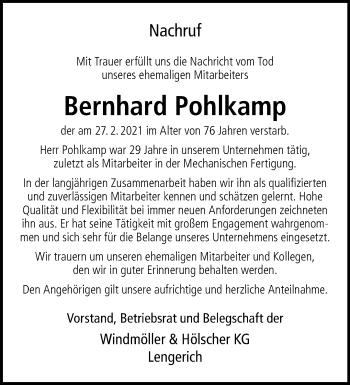 Anzeige von Bernhard Pohlkamp 