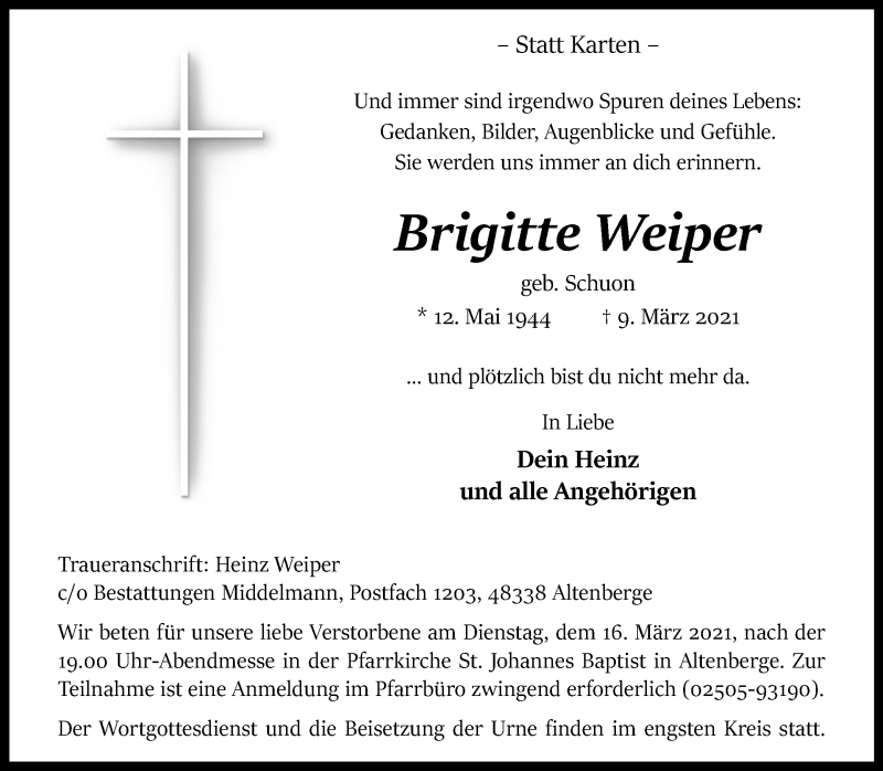 Traueranzeige für Brigitte Weiper vom 13.03.2021 aus 