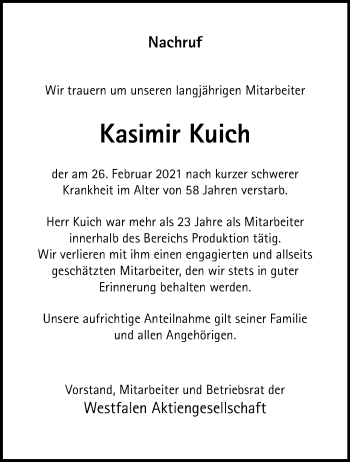 Anzeige von Kasimir Kuich 