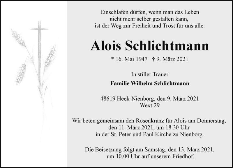  Traueranzeige für Alois Schlichtmann vom 11.03.2021 aus 