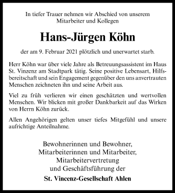 Anzeige von Hans-Jürgen Köhn 
