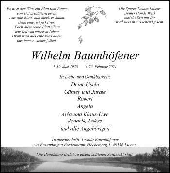 Anzeige von Wilhelm Baumhöfener 