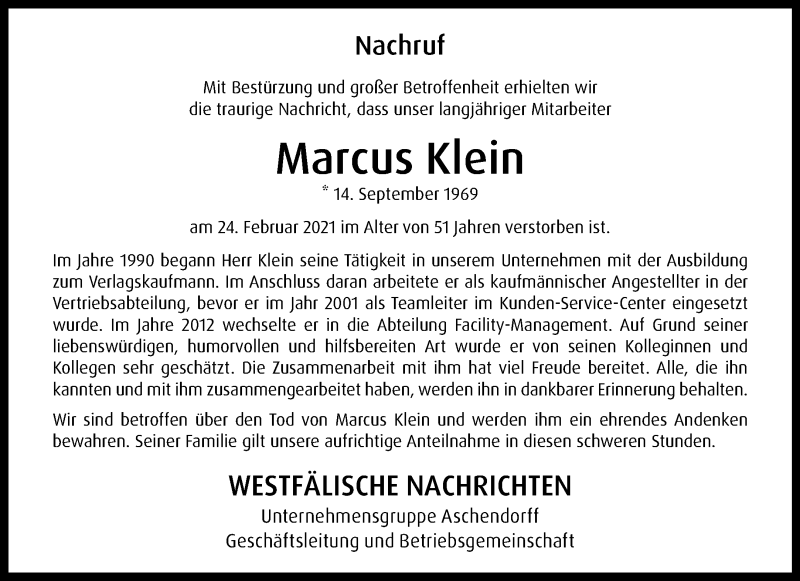  Traueranzeige für Marcus Klein vom 06.03.2021 aus 