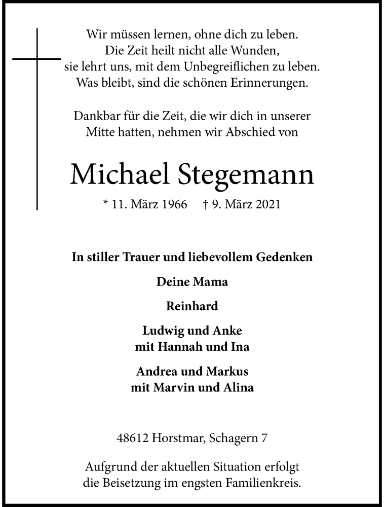  Traueranzeige für Michael Stegemann vom 12.03.2021 aus 