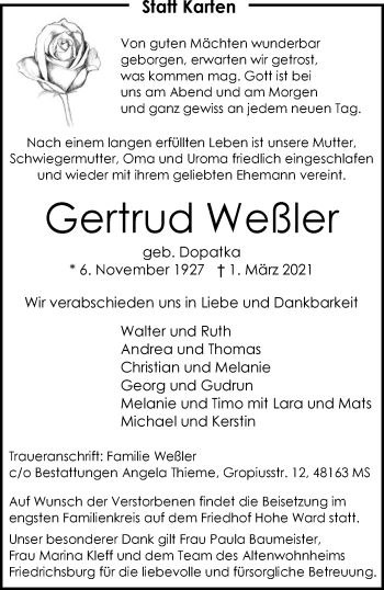Anzeige von Gertrud Weßler 