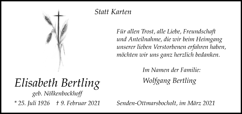  Traueranzeige für Elisabeth Bertling vom 13.03.2021 aus 