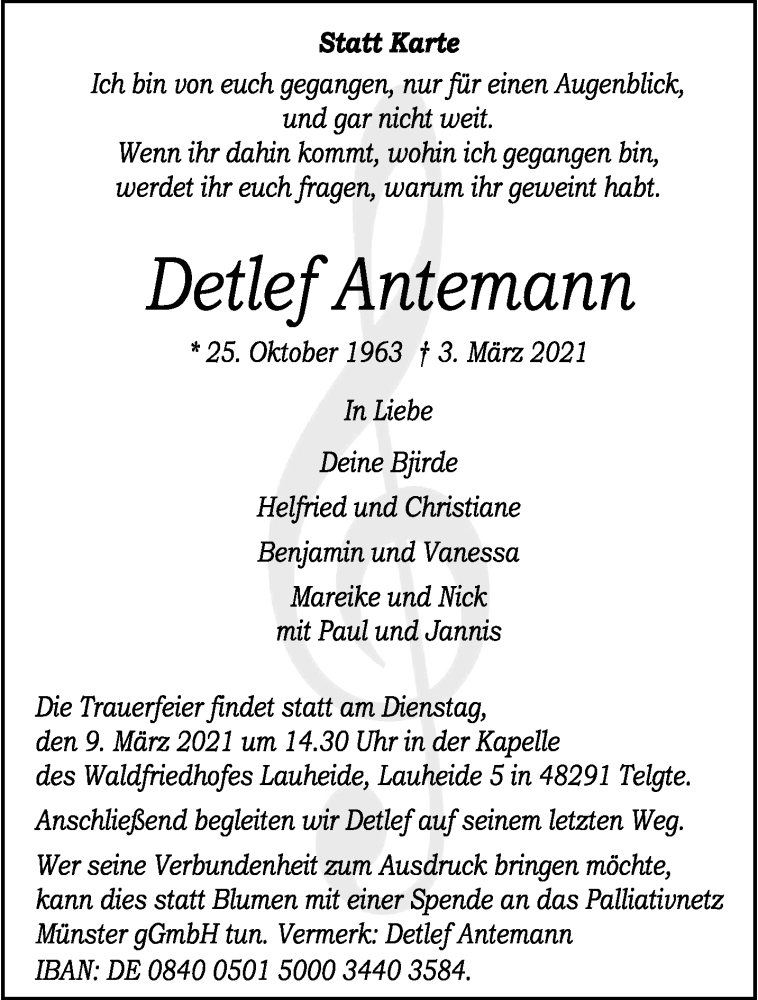  Traueranzeige für Detlef Antemann vom 06.03.2021 aus 