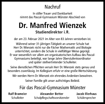 Anzeige von Manfred Wienzek 