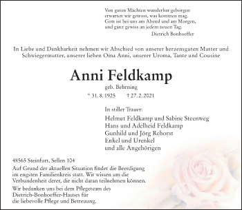 Anzeige von Anni Feldkamp 