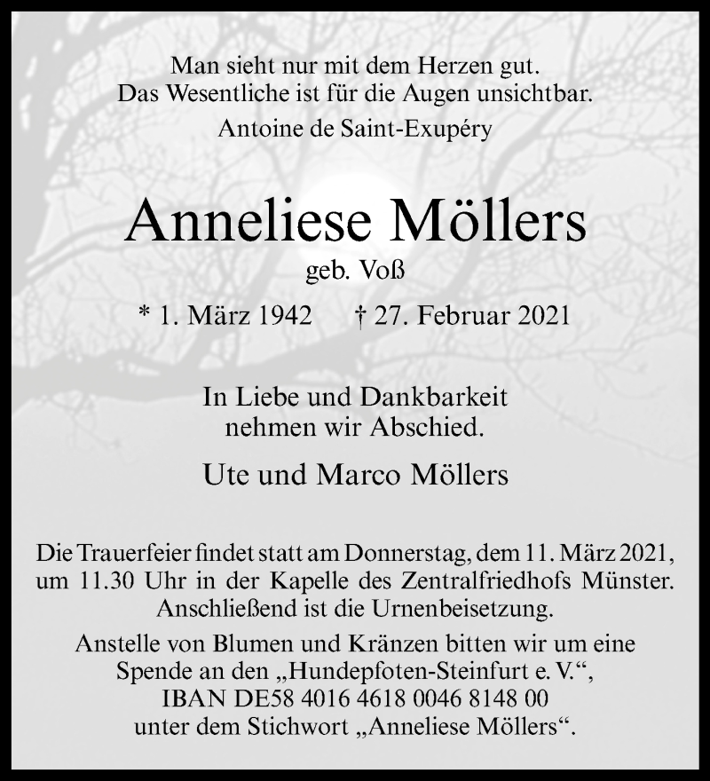  Traueranzeige für Anneliese Möllers vom 03.03.2021 aus 