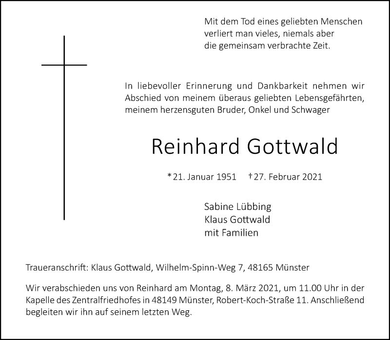 Traueranzeige für Reinhard Gottwald vom 06.03.2021 aus 