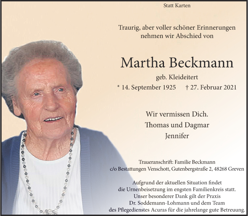  Traueranzeige für Martha Beckmann vom 06.03.2021 aus 