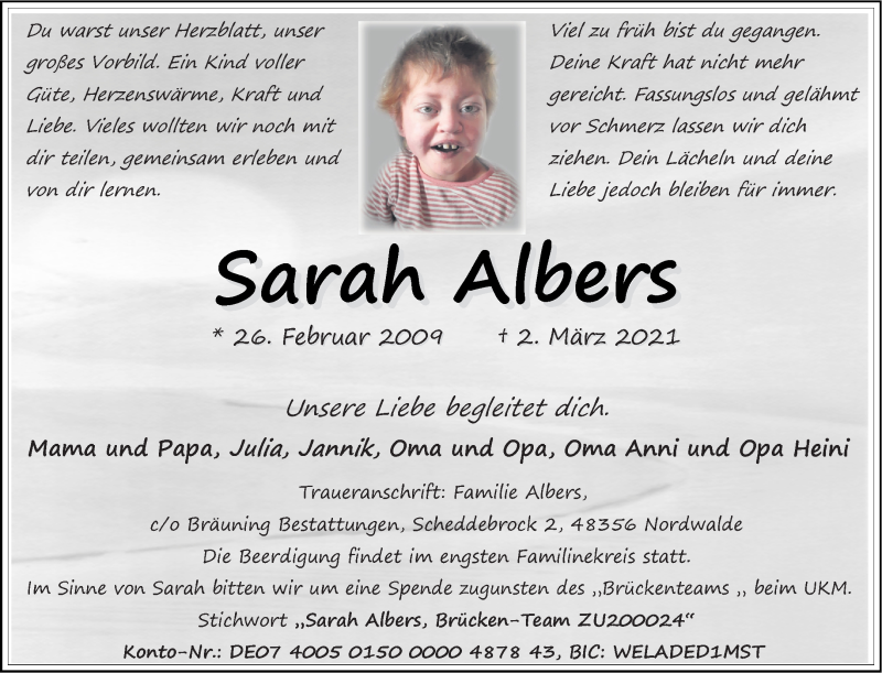  Traueranzeige für Sarah Albers vom 06.03.2021 aus 