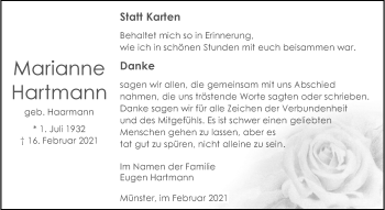 Anzeige von Marianne Hartmann 
