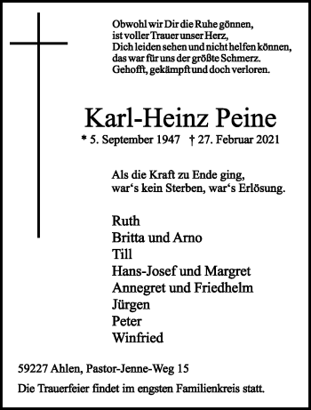 Anzeige von Karl-Heinz Peine 